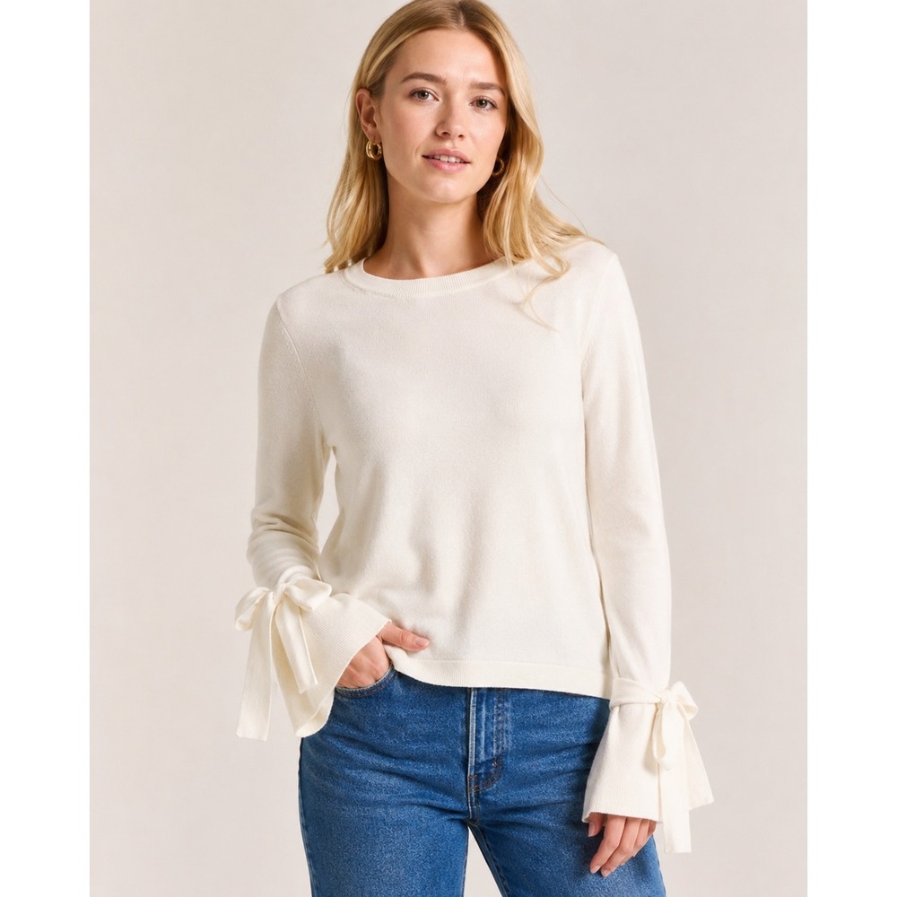 J.Crew Ivory White Bell Sleeve Tie Cuff Crewneck Sweater Small